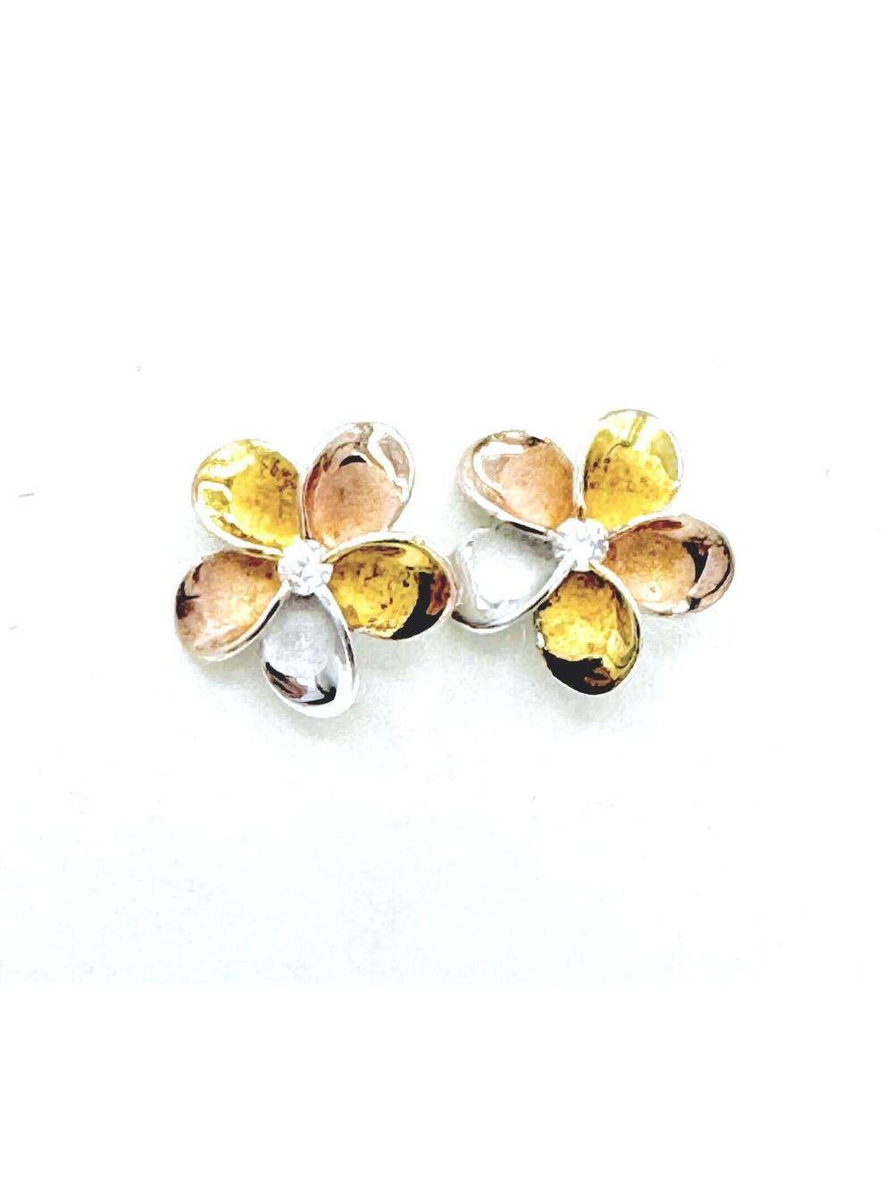 Plumeria huggie yellow/rose gold over sterling silver crystal center earrings